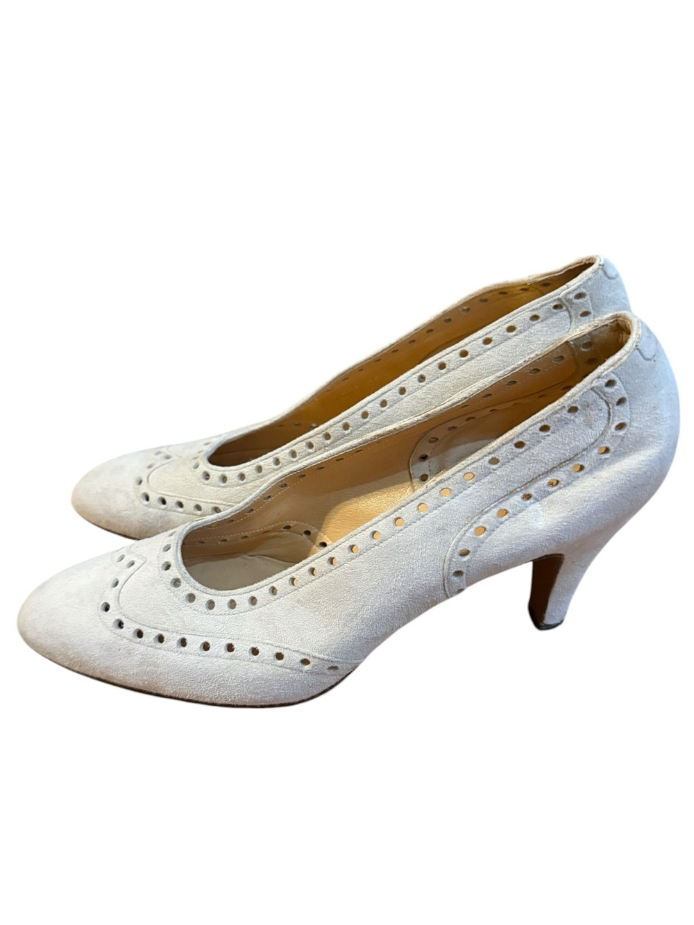 Charvet Paris Vintage Suede Brogue Pumps Size 40.5 US 9.5 10 Ivory Cream